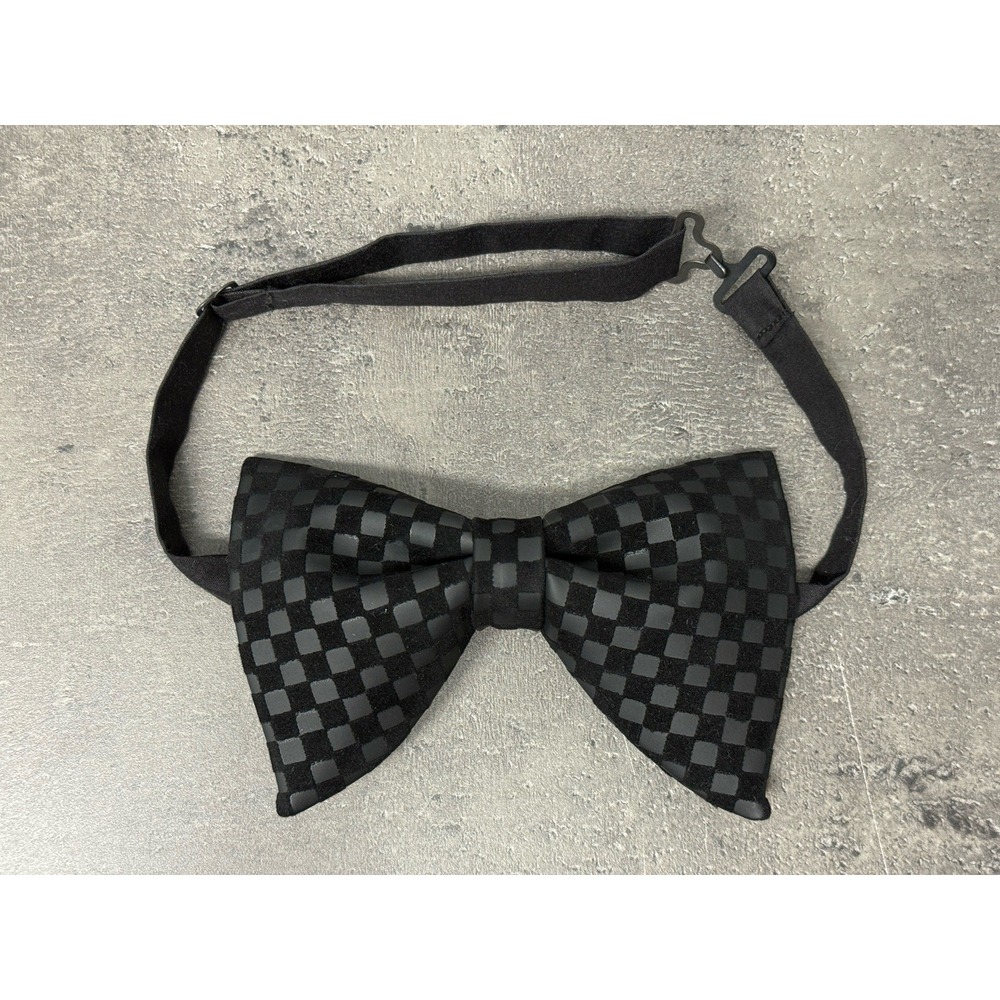 Handmade Black Faux Leather Velvet Check Bow tie Vintage style Pretied Formal‎